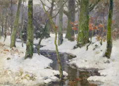 August Lüdecke-Cleve, Bachlauf im Winterwald, Öl auf Leinwand