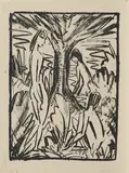 Otto Mueller, Stehendes, sitzendes und badendes Mädchen am Baum (Akte unter Bäumen)