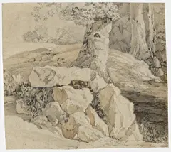 Waldlandschaft mit Felsen by Karl Friedrich Lessing, Aquarell über Bleistift auf Papier, sold May 2020