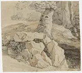 Karl Friedrich Lessing, Waldlandschaft mit Felsen, Aquarell über Bleistift auf Papier