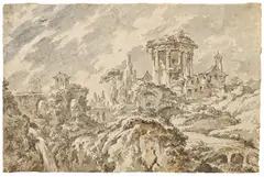 Jean Eric Rehn, Der Tempel der Vesta in Tivoli, Aquarellierte Federzeichnung auf Papier
