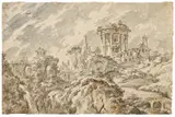 Jean Eric Rehn, Der Tempel der Vesta in Tivoli, Aquarellierte Federzeichnung auf Papier