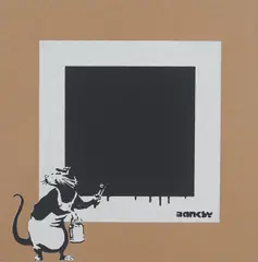 Not By Banksy By Not Not Banksy, Rat with a black square, 2018, Serigrafie auf braunem Karton