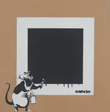 Rat with a black square by Not By Banksy By Not Not Banksy, 2018, Serigrafie auf braunem Karton, sold Feb 2020