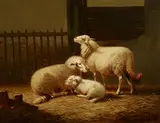 Joseph Van Dieghem, Schafe, Öl auf Holz