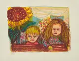 Otto Dix, Zwei Kinder (mit Sonnenblume), 1966, Farblithografie auf Maschinenbütten