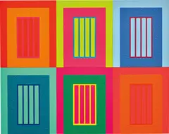 Peter Halley, Six Prisons, 2009, acrylic, fluorescent acrylic and Roll-A-Tex on canvas, in 6 parts