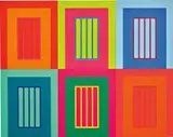 Peter Halley, Six Prisons, 2009, acrylic, fluorescent acrylic and Roll-A-Tex on canvas, in 6 parts