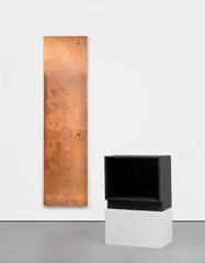 Walead Beshty, Copper Surrogate & Base for Copper Surrogate, 2011, polished copper, powder coated steel base and painted wooden plinth, in 3 parts