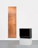 Walead Beshty, Copper Surrogate & Base for Copper Surrogate, 2011, polished copper, powder coated steel base and painted wooden plinth, in 3 parts