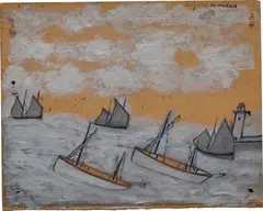 Alfred Wallis, (Recto) Luggers nearing a Harbour and Lighthouse; (Verso) The ‘Bessie’ and the ‘Flying Scud’ sailing towards a harbour, 1928, oil and graphite on board, two sided