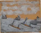 Alfred Wallis, (Recto) Luggers nearing a Harbour and Lighthouse; (Verso) The ‘Bessie’ and the ‘Flying Scud’ sailing towards a harbour, 1928, oil and graphite on board, two sided