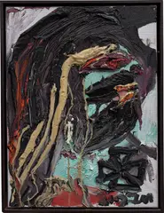 Ich mit Sausage by Jonathan Meese, 2002, oil on canvas, in artist's frame, sold Dec 2018