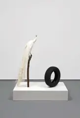 Color Lab - Free study with white peacock by Sylvie Fleury, 2012, taxidermy peacock, black tyre and white pedestal, sold Dec 2018