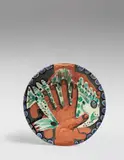 Pablo Picasso, Mains au poisson (Hands with Fish), 1953, Red earthenware round dish with engraving, painted in colours with partial brushed glaze