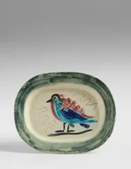 Oiseau polychrome (Polychrome Bird) by Pablo Picasso, 1947, White earthenware rectangular dish, painted in colours with boring-rod engraving and coloured glazes, sold Jan 2018