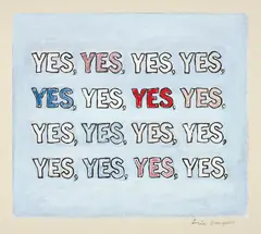 Louise Bourgeois, Yes, 2004, Soft-ground etching with unique hand-colouring in watercolour, gouache and ink, with additions in graphite and coloured pencils, on Somerset paper, the full sheet flush-mounted to heavy Twinrocker paper (as issued)