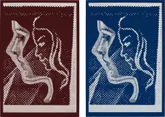 Doppelprofil (Double Profile) ; and Doppelprofil (Double Profile) by Sigmar Polke, 2003, Two screenprints, on red and blue flock-coated paper respectively, with full margins, sold Jan 2018