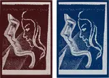 Sigmar Polke, Doppelprofil (Double Profile) ; and Doppelprofil (Double Profile), 2003, Two screenprints, on red and blue flock-coated paper respectively, with full margins