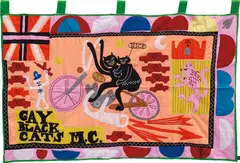 Grayson Perry, Gay Black Cats MC, 2017, Cotton fabric and embroidery appliqué handmade flag in colours, contained in the original card box with printed lid
