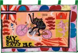 Grayson Perry, Gay Black Cats MC, 2017, Cotton fabric and embroidery appliqué handmade flag in colours, contained in the original card box with printed lid
