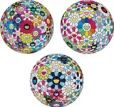 Flowerball Multicolor ; Flowerball: Want to Hold You ; and The Flowerball’s Painterly Challenge by Takashi Murakami, 2014; and 2015, Three offset lithographs in colours, on smooth wove paper, the full sheets, sold Jan 2018
