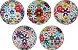 Flower Ball (3-D) Sequoia sempervirens ; Flower Ball (Lots of Colors) ; Flowerball sexual Violet No. 1 (3D) ; Right There, The Breadth of the Human Heart ; and Flower Ball (3D) Autumn 2004 by Takashi Murakami, 2013, Five offset lithographs in colours, on smooth wove paper, the full sheets, sold Jan 2018