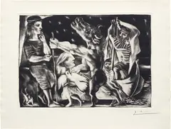 Pablo Picasso, Minotaure aveugle guidé par Marie-Thérèse au pigeon dans une nuit étoilée (Blind Minotaur Guided Through a Starry Night by Marie-Thérèse with a Dove), pl. 97, from La Suite Vollard, 1934, Sugar-lift aquatint, scraper, drypoint and engraving, on Montval laid paper watermarked Vollard , with full margins (deckle on two sides)