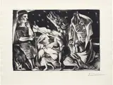 Pablo Picasso, Minotaure aveugle guidé par Marie-Thérèse au pigeon dans une nuit étoilée (Blind Minotaur Guided Through a Starry Night by Marie-Thérèse with a Dove), pl. 97, from La Suite Vollard, 1934, Sugar-lift aquatint, scraper, drypoint and engraving, on Montval laid paper watermarked Vollard , with full margins (deckle on two sides)