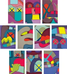Kaws, Ups and Downs, 2013, The complete set of 10 screenprints in colours, on Saunders Waterford High White paper, the full sheets, with title page, loose (as issued) contained in the original black fabric-covered portfolio with embossed title