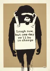 Laugh Now by Banksy, 2005, Screenprint in colours, on buff wove paper, the full sheet, sold Jun 2018