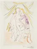 Vénus, Mars et Cupidon, from Mythologique nouvelle (Venus, Mars and Cupid, from New Mythologies) by Salvador Dalí, 1971, Drypoint with extensive hand-colouring in watercolour, on BFK Rives paper, with full margins, sold Jun 2018