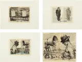 Baedeker (Dogana); Baedeker (Pensione); Baedeker (Cambio); and Untitled by William Kentridge, 1999, Four lithographs, two in colours, one with hand-colouring, three on pages from a Baedeker book and one on pages from a G, sold Jun 2018