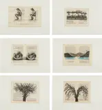 William Kentridge, Sleeping on Glass, 1999, The complete set of six etchings and aquatint in colours, one with hand-colouring, on spreads from found books with Chine-collé to Fabriano Rosapina paper, with full margins