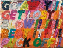 Go Away! by Mel Bochner, 2013, Monoprint with collage, engraving, embossing and oil paint in colours, on handmade and hand-dyed Twinrocker paper, the f, sold Jun 2018