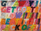 Mel Bochner, Go Away!, 2013, Monoprint with collage, engraving, embossing and oil paint in colours, on handmade and hand-dyed Twinrocker paper, the full sheet