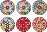 Hold Me Tight!; Space Show; Flowerball Multicolor; Awakening; Flowerball: Bright Red; and Flowerball: Koi/Red-crowned Crane Vermilion by Takashi Murakami, 2014-2017, Six offset lithographs in colours, on smooth wove paper, the full sheets, sold Jun 2018