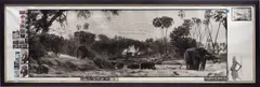 Peter Beard, Downwind on the Tiva Lugga, Tsavo North near Kathamula, 1965, Unique mural-sized work, comprising gelatin silver print with ink and affixed gelatin silver, chromogenic, and Polaroid prints, with a feather, a sticker and a photocopied drawing, executed 2004