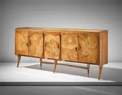 Rare illuminated sideboard by Gio Ponti, circa 1950, Burr walnut-veneered wood, sapele-veneered wood, walnut-veneered wood, walnut, brass, glass, mirrored glass, sold Apr 2018