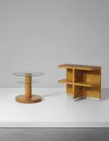 Gio Ponti, Occasional table and free-standing shelving unit, designed for Count Cantoni-Marca, Lombardy, circa 1930, Burr walnut-veneered wood, chromium-plated brass, glass