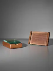 Picture frame and cigarette box, model no. 1132 by Pietro Chiesa, circa 1938, Walnut, East Indian rosewood, glass, brass, sold Apr 2018