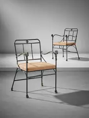 Diego Giacometti, Pair of 'Têtes de Lionnes' armchairs, second version, conceived 1979, executed 1979-1981, Patinated bronze, wrought iron, leather