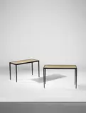 Jean-Michel Frank, Pair of low tables, circa 1938, Painted wrought iron, painted wood, vellum-covered wood
