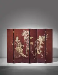 Katsu Hamanaka, Important and rare six-panelled screen with mythological scene, 1939, Lacquered wood with applied gold leaf, brass