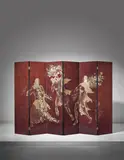 Katsu Hamanaka, Important and rare six-panelled screen with mythological scene, 1939, Lacquered wood with applied gold leaf, brass