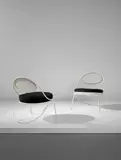Mathieu Matégot, Pair of 'Copacabana' chairs, circa 1955, Painted steel, painted tubular steel, painted perforated steel, fabric