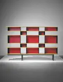 Important 'Antony' bookcase, designed for the Cité Universitaire, Antony by Charlotte Perriand, 1954-1955, Ash-veneered wood, painted steel, painted perforated hardboard, sold Apr 2018