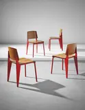Jean Prouvé, Rare set of four chairs, model no. 4, circa 1935, Oak-veneered plywood, painted steel, aluminium