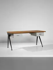 'Compas' desk by Jean Prouvé, 1953-1965, Painted steel, aluminium, oak, oak-veneered wood, sold Apr 2018
