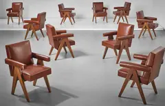 Set of ten 'Committee' armchairs, model no. PJ-SI-30-A, designed for the High Court, the Assembly and Punjab University administrative buildings, Chandigarh by Pierre Jeanneret, circa 1959, Teak, leather, sold Apr 2018